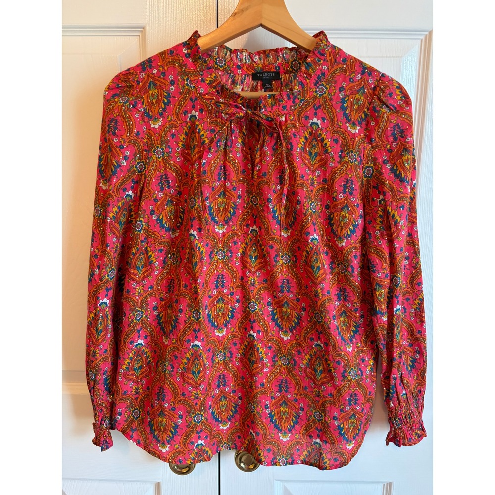 Talbots Petite Pink Paisley Metallic Stripe Tie Neck Ruffle Blouse MP Cotton